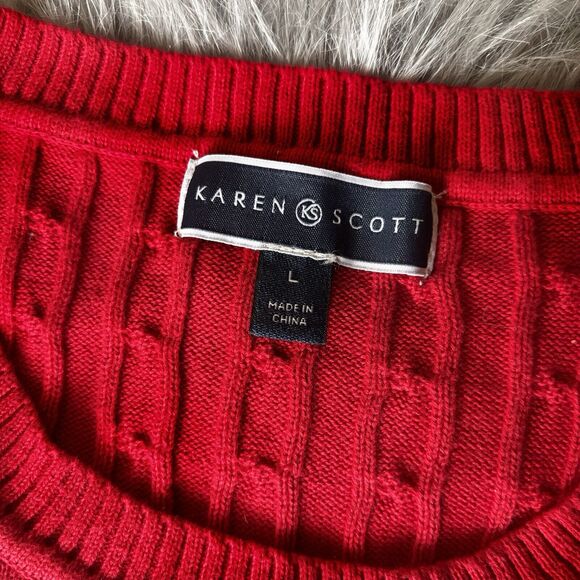 Karen Scott Sweater Sz L Pullover Red Black Stripe Cableknit Winter Fall Festive - Picture 3 of 8
